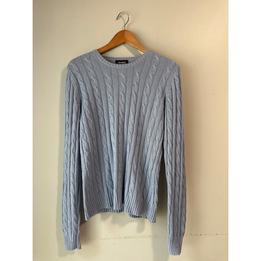 Light Blue Silk Cashmere Cable Knit Sweater Lightweight Preppy Old Money